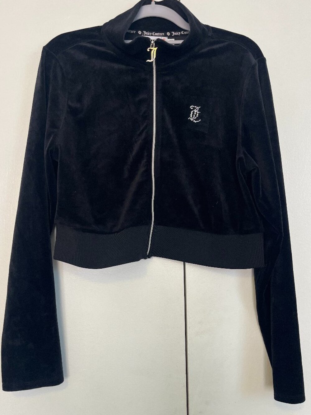 Black velour Juicy Couture zip up crop sweater — size XL